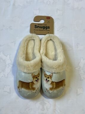 Snuggs Memory Foam Corgi Slip-On Slippers - Cream & Light Blue